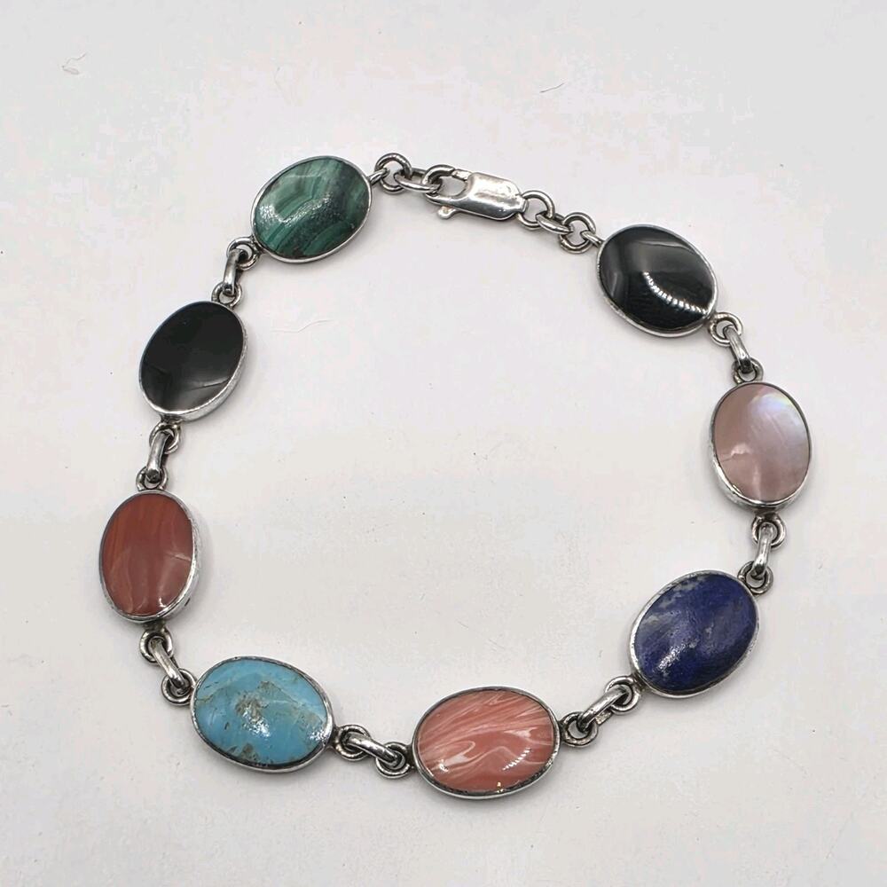 Boma Vintage Sterling Silver Multi Stone Inlay Oval Link Bracelet 7.5"